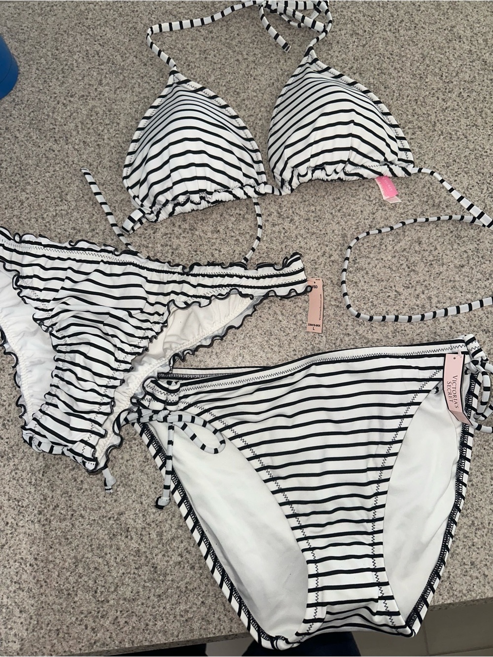 NWT Victoria’s Secret Striped Black & White Bikini 3 pc Set XL/L/L